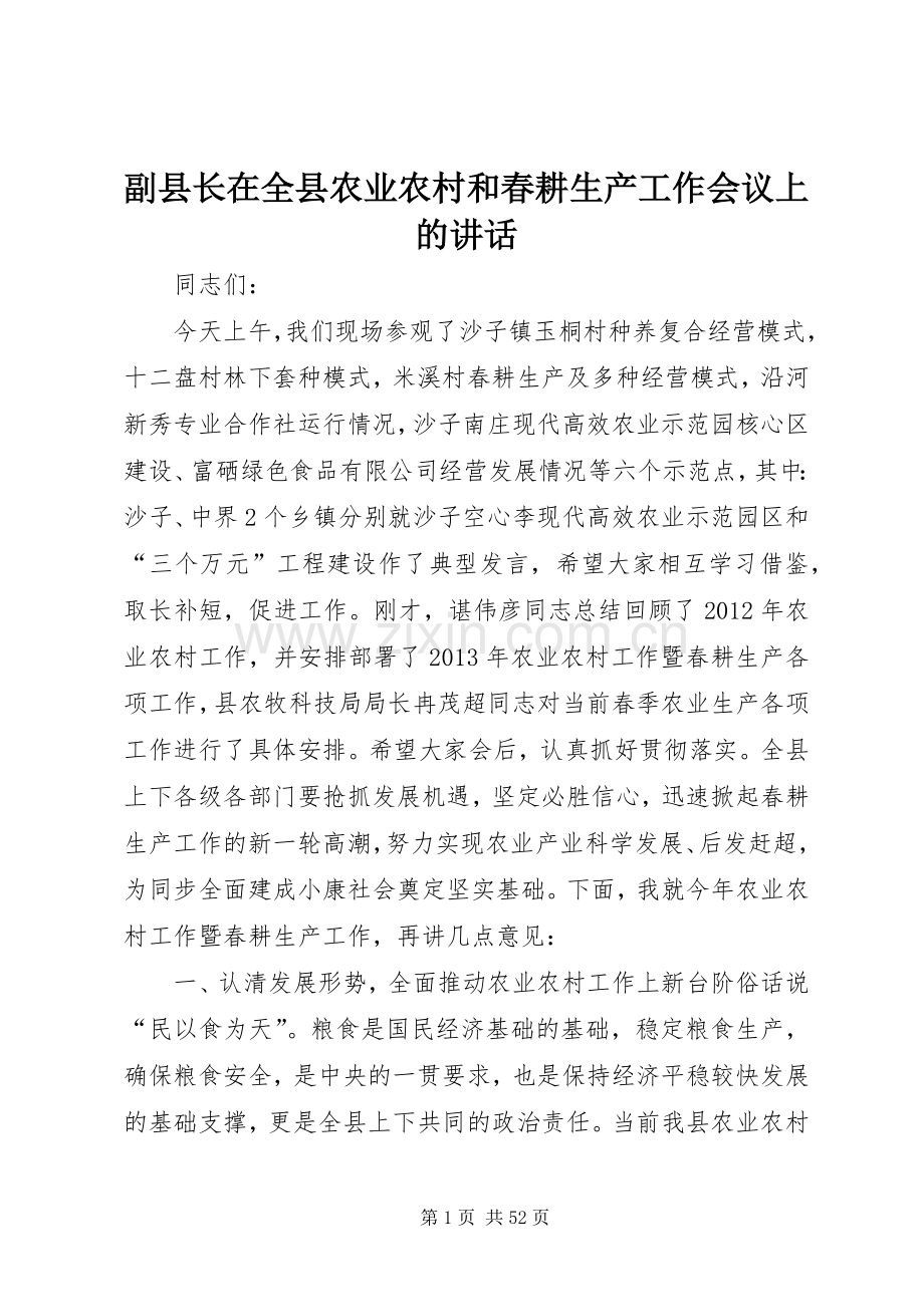 副县长在全县农业农村和春耕生产工作会议上的讲话发言_1.docx_第1页