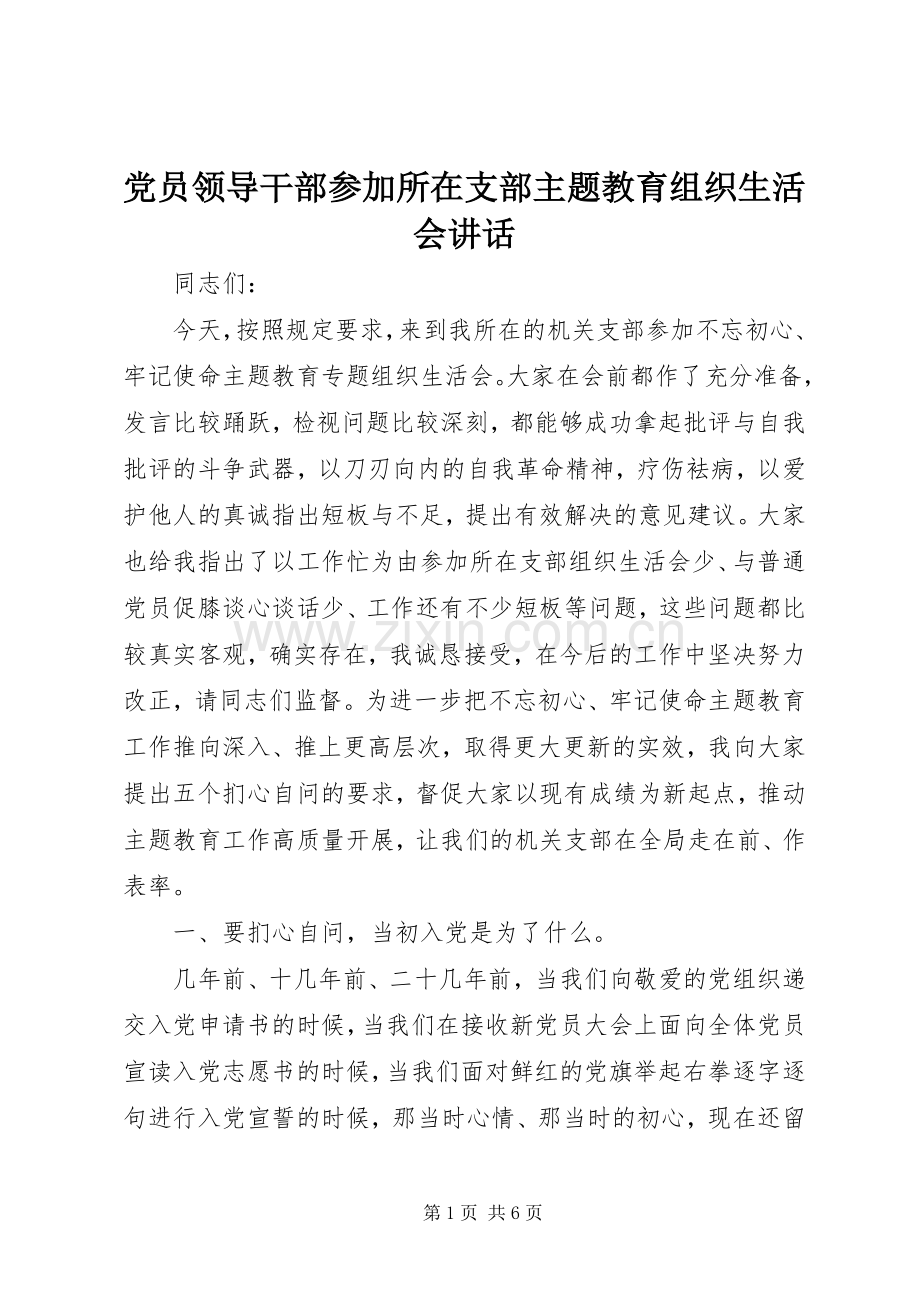 党员领导干部参加所在支部主题教育组织生活会讲话发言.docx_第1页
