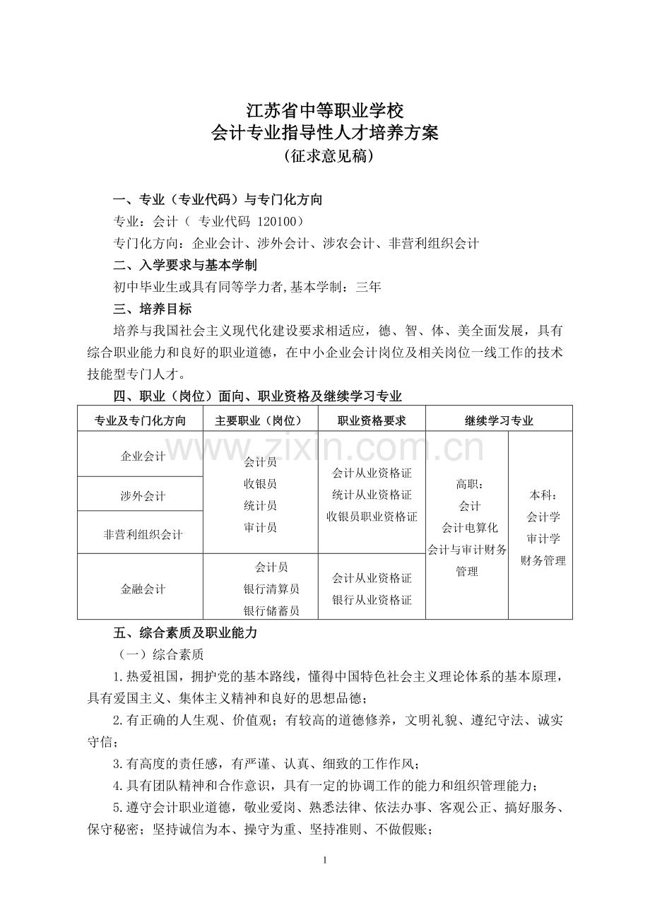 中等职业教育会计专业指导性人才培养方案(征求意见稿).doc_第1页