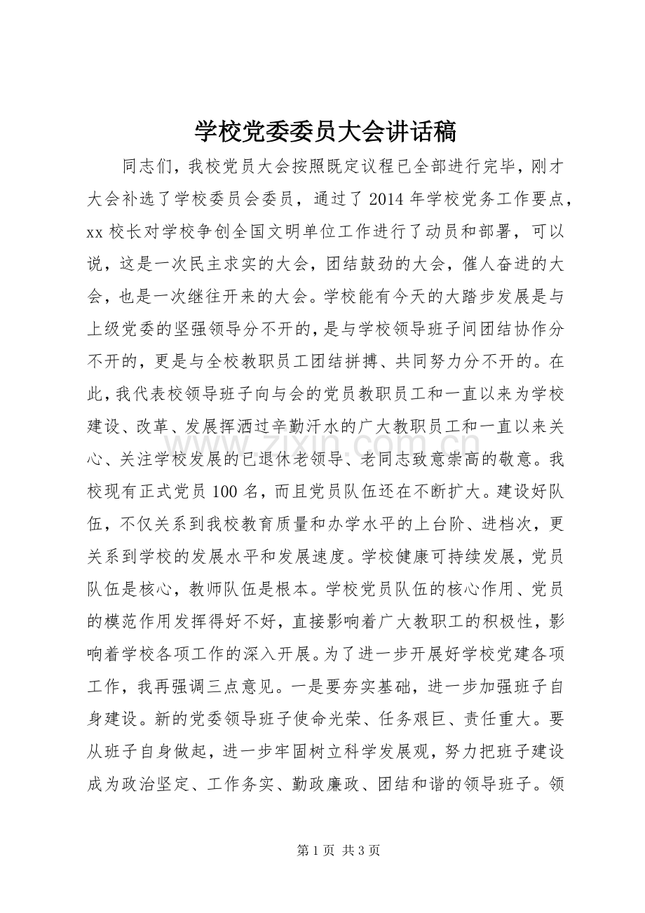 学校党委委员大会讲话发言稿.docx_第1页
