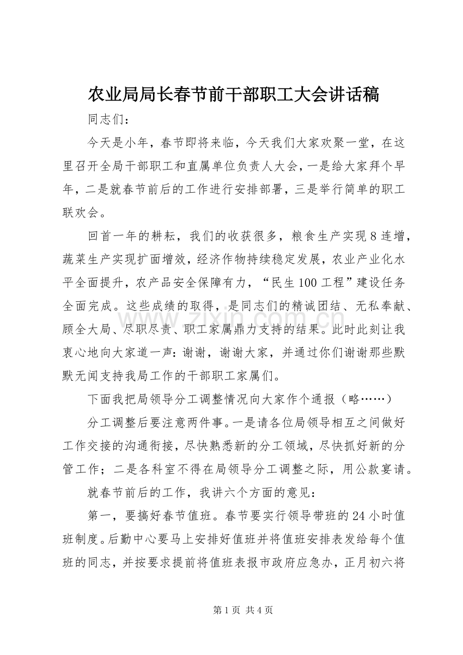 农业局局长春节前干部职工大会讲话发言稿.docx_第1页