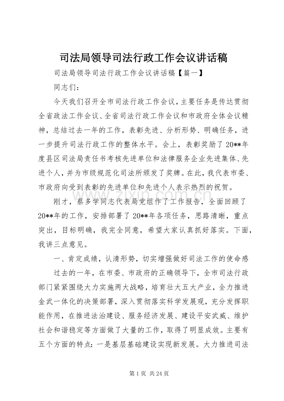 司法局领导司法行政工作会议讲话发言稿.docx_第1页