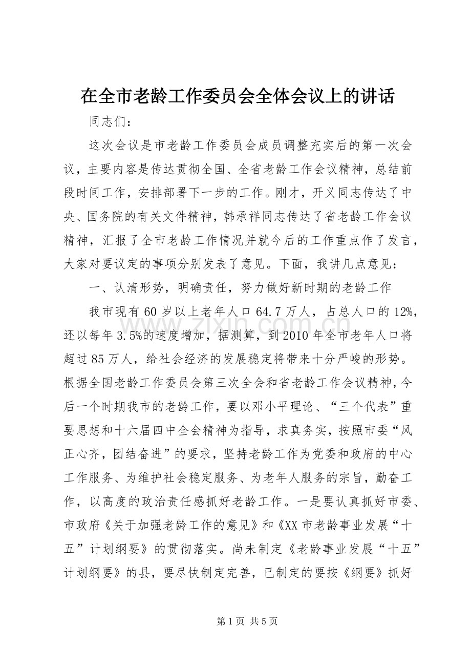 在全市老龄工作委员会全体会议上的讲话发言.docx_第1页