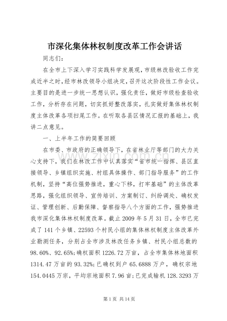市深化集体林权制度改革工作会讲话发言.docx_第1页