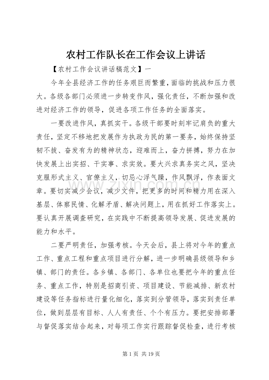 农村工作队长在工作会议上讲话发言.docx_第1页