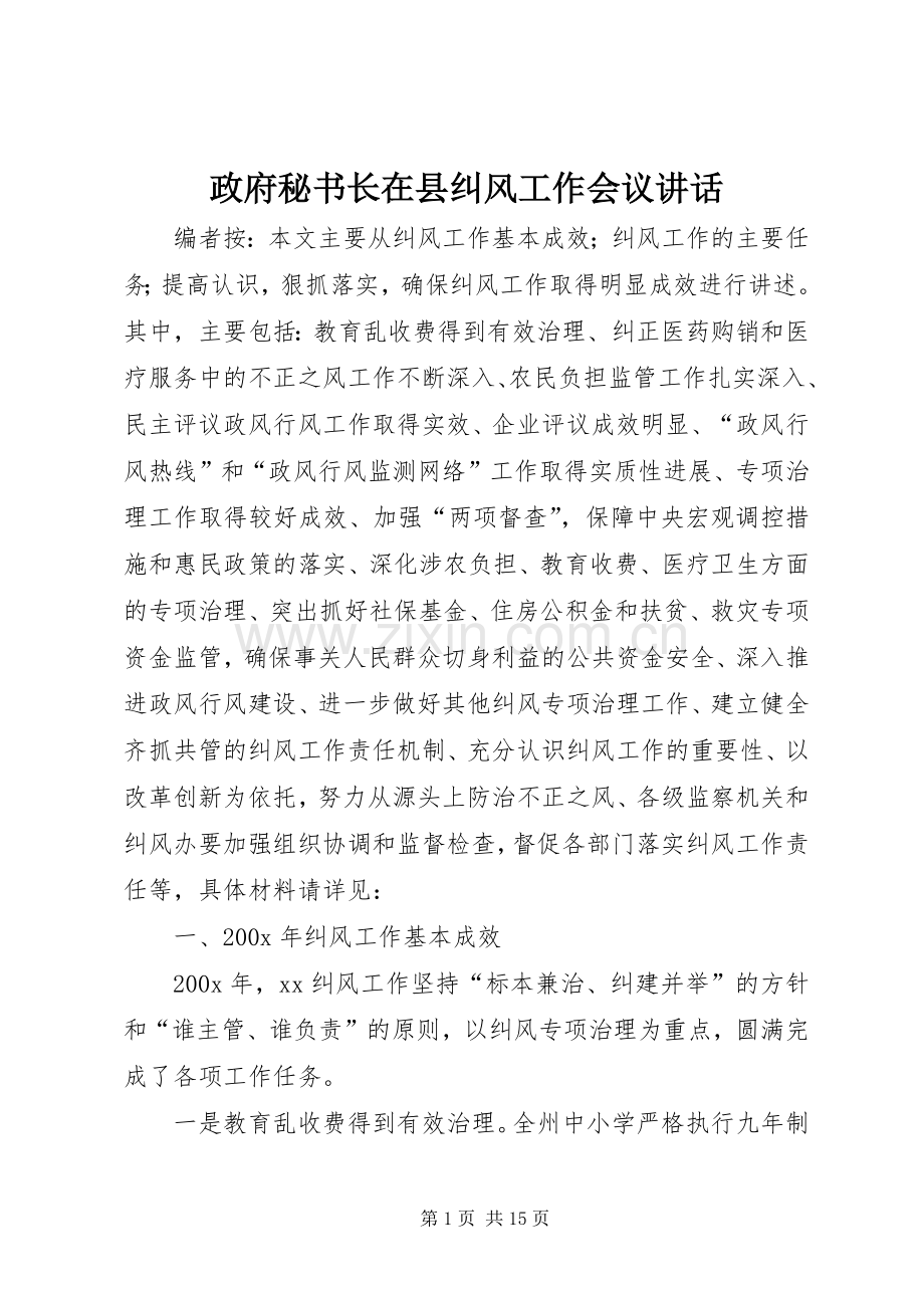 政府秘书长在县纠风工作会议讲话发言.docx_第1页