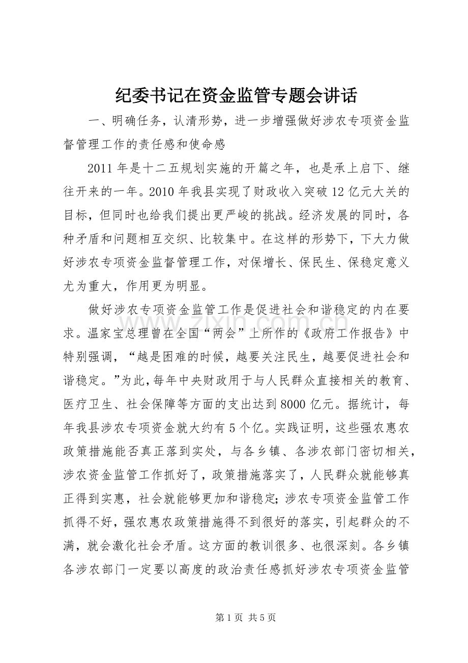 纪委书记在资金监管专题会讲话发言.docx_第1页