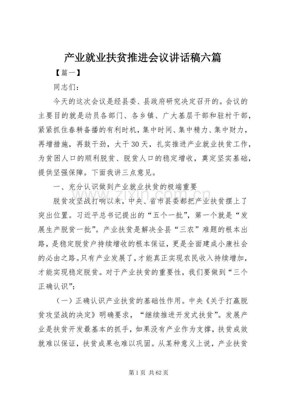 产业就业扶贫推进会议讲话发言稿六篇.docx_第1页