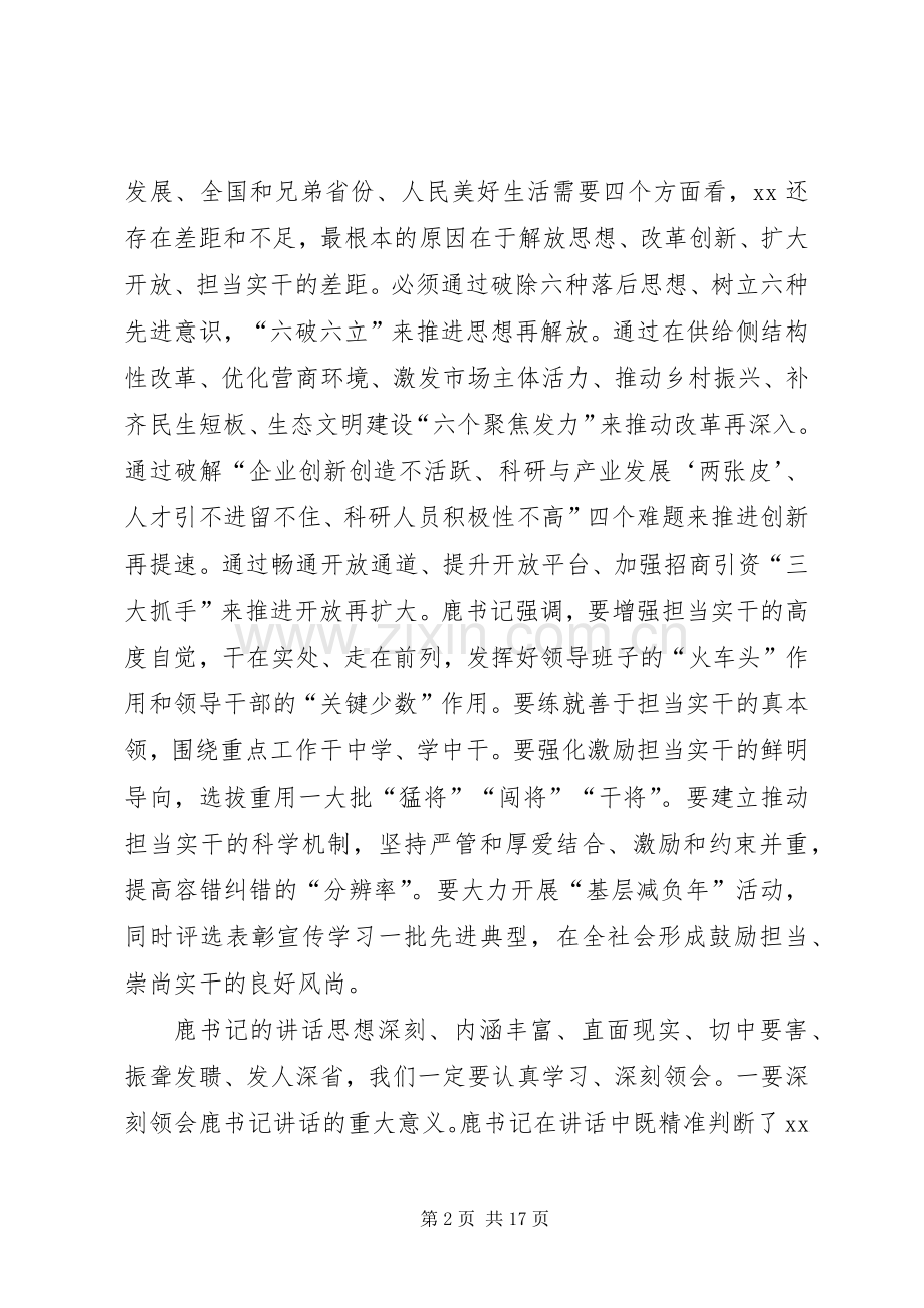 全市解放思想改革创新扩大开放担当实干和防范化解重大风险会议讲话发言稿.docx_第2页