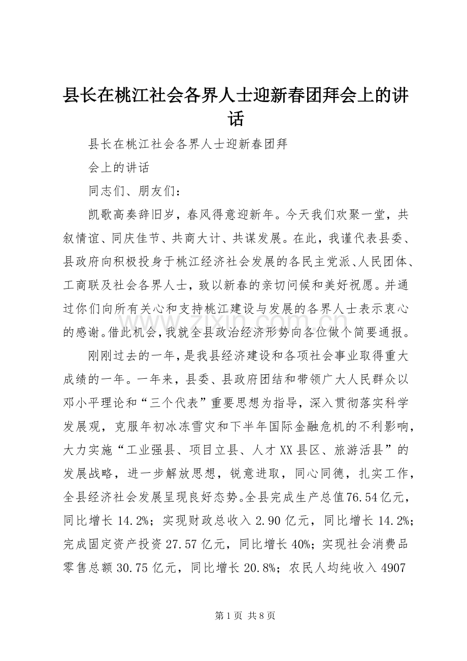 县长在桃江社会各界人士迎新春团拜会上的讲话发言.docx_第1页