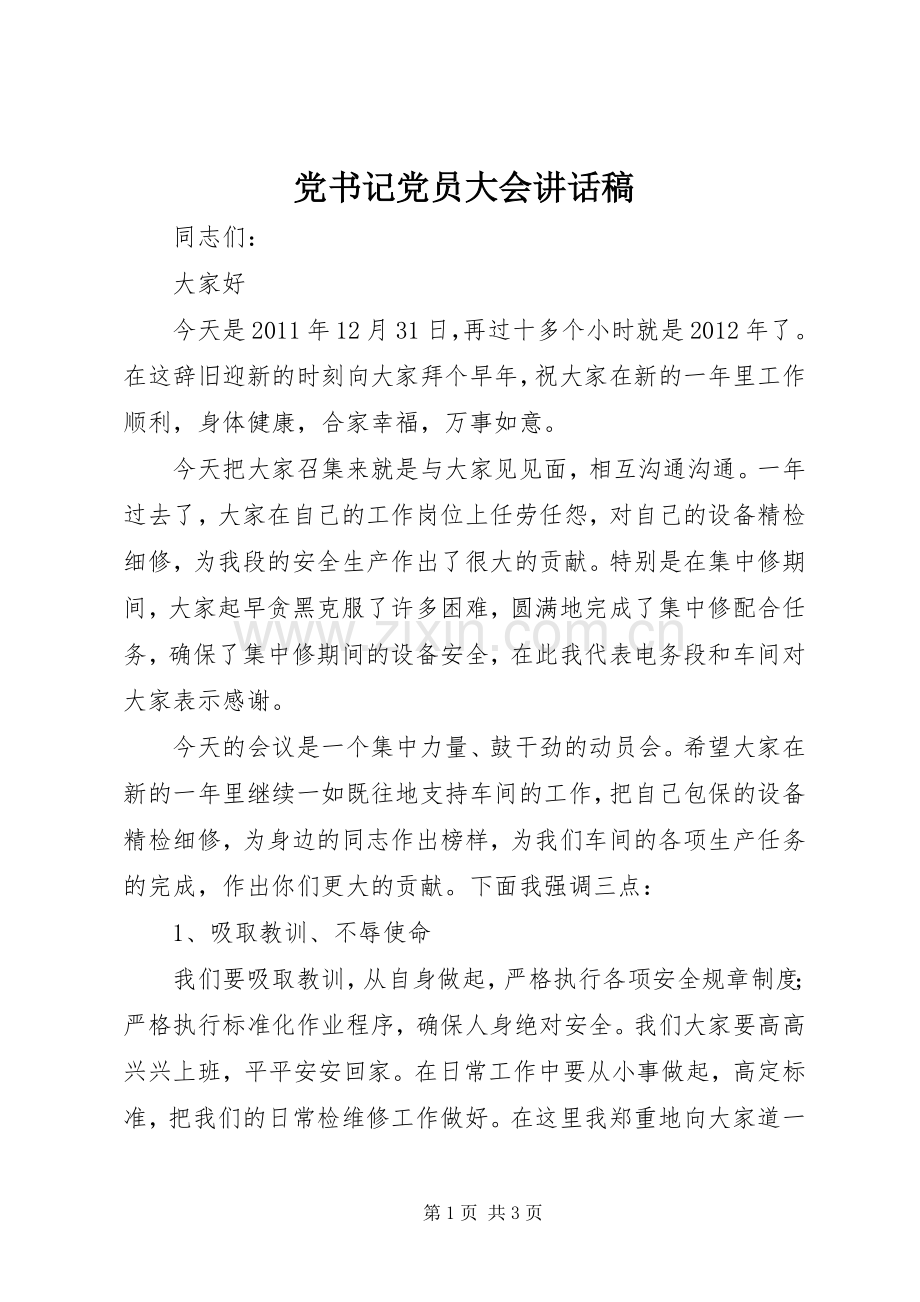 党书记党员大会的讲话发言稿.docx_第1页