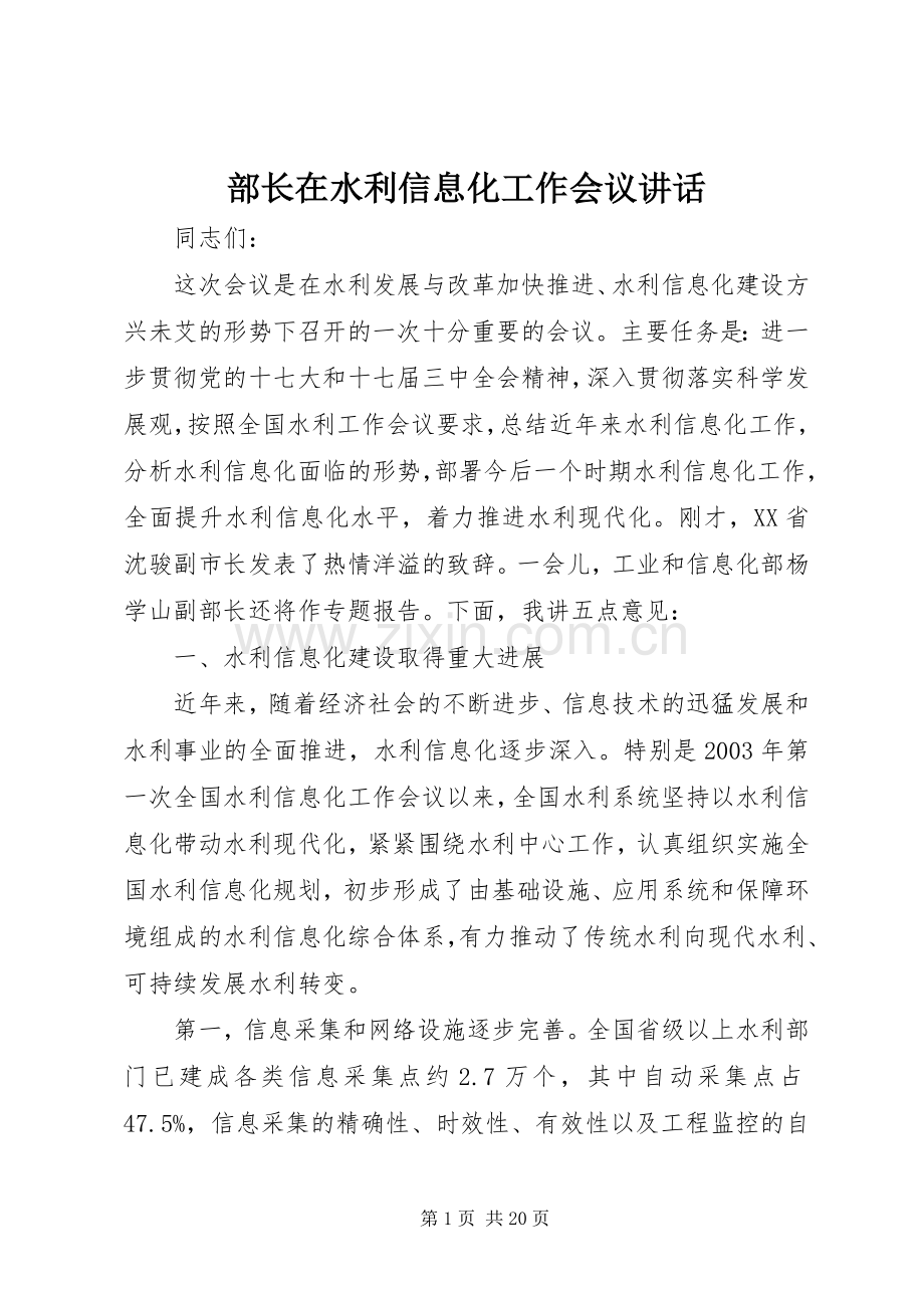 部长在水利信息化工作会议讲话发言.docx_第1页