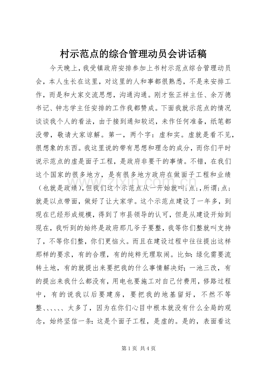 村示范点的综合管理动员会讲话发言稿.docx_第1页