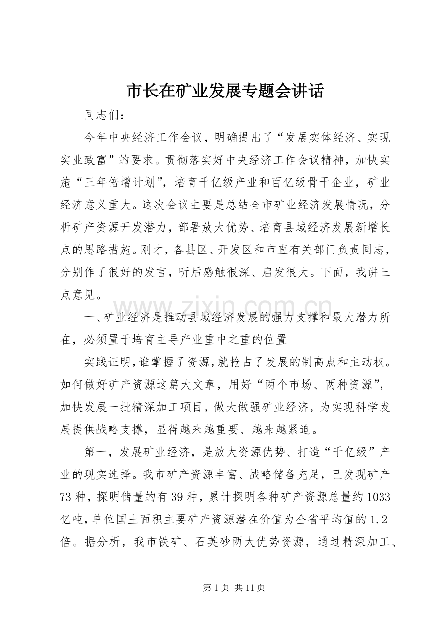 市长在矿业发展专题会讲话发言.docx_第1页
