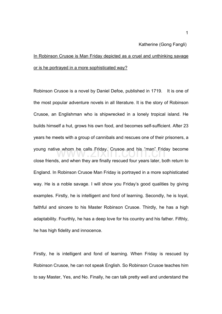 《鲁宾逊漂流记》对friday的评价.doc_第1页