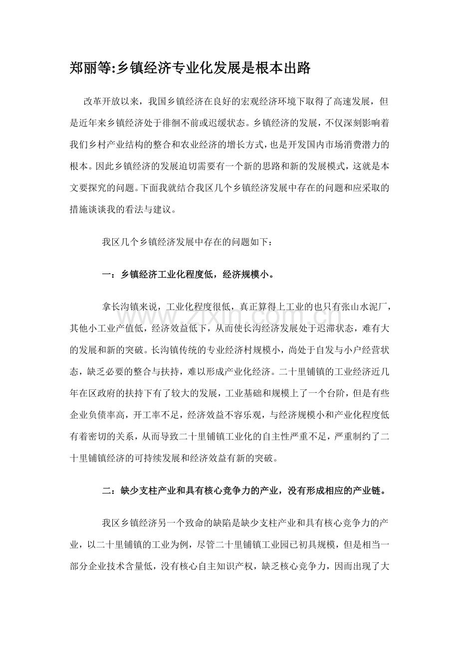 乡镇经济专业化发展是根本出路.doc_第1页