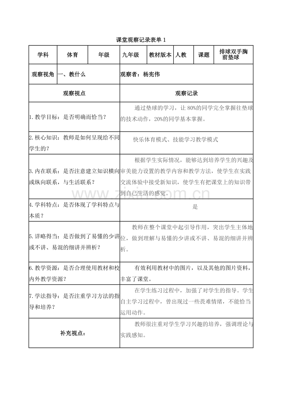 课堂观察记录表单-----杨宪伟.doc_第1页
