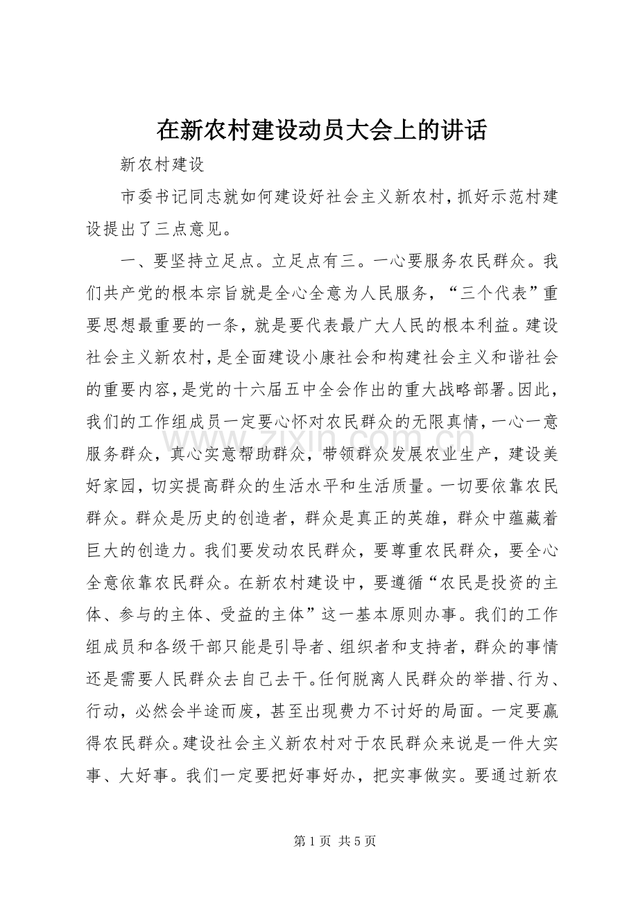 在新农村建设动员大会上的讲话发言.docx_第1页