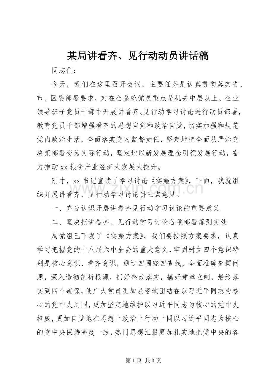 某局讲看齐、见行动动员讲话发言稿.docx_第1页