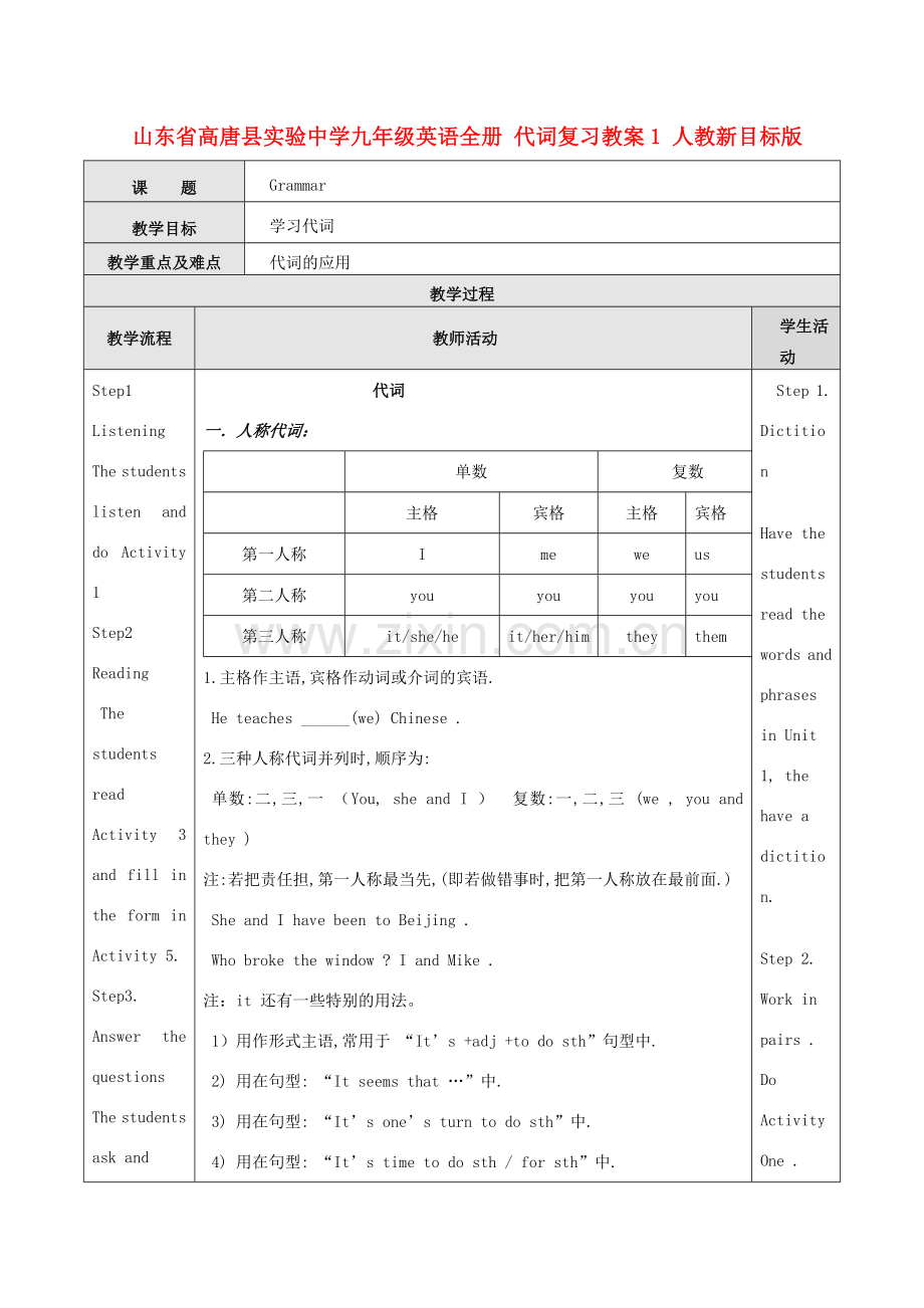 山东省高唐县实验中学九年级英语全册 代词复习教案1 人教新目标版.doc_第1页