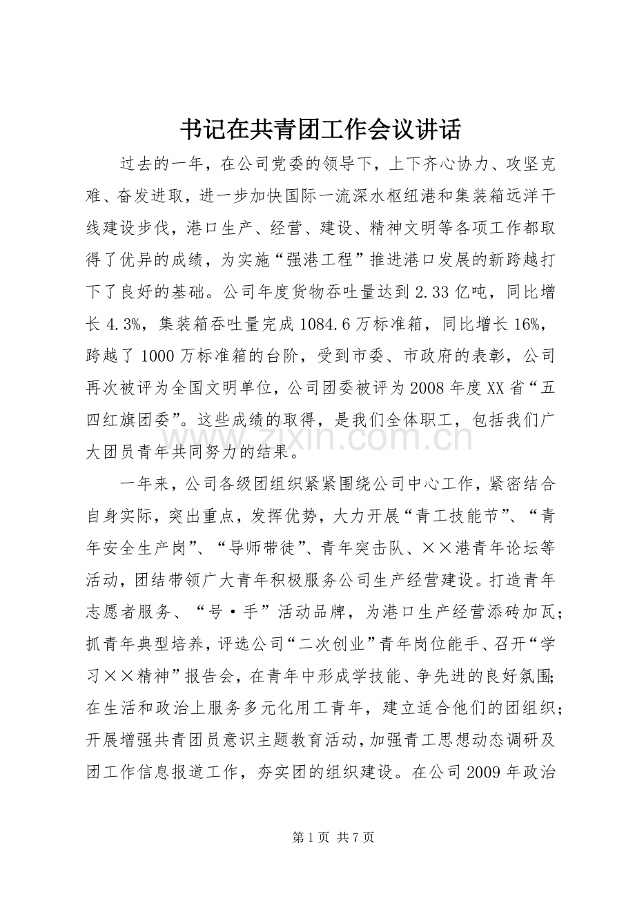 书记在共青团工作会议讲话发言.docx_第1页