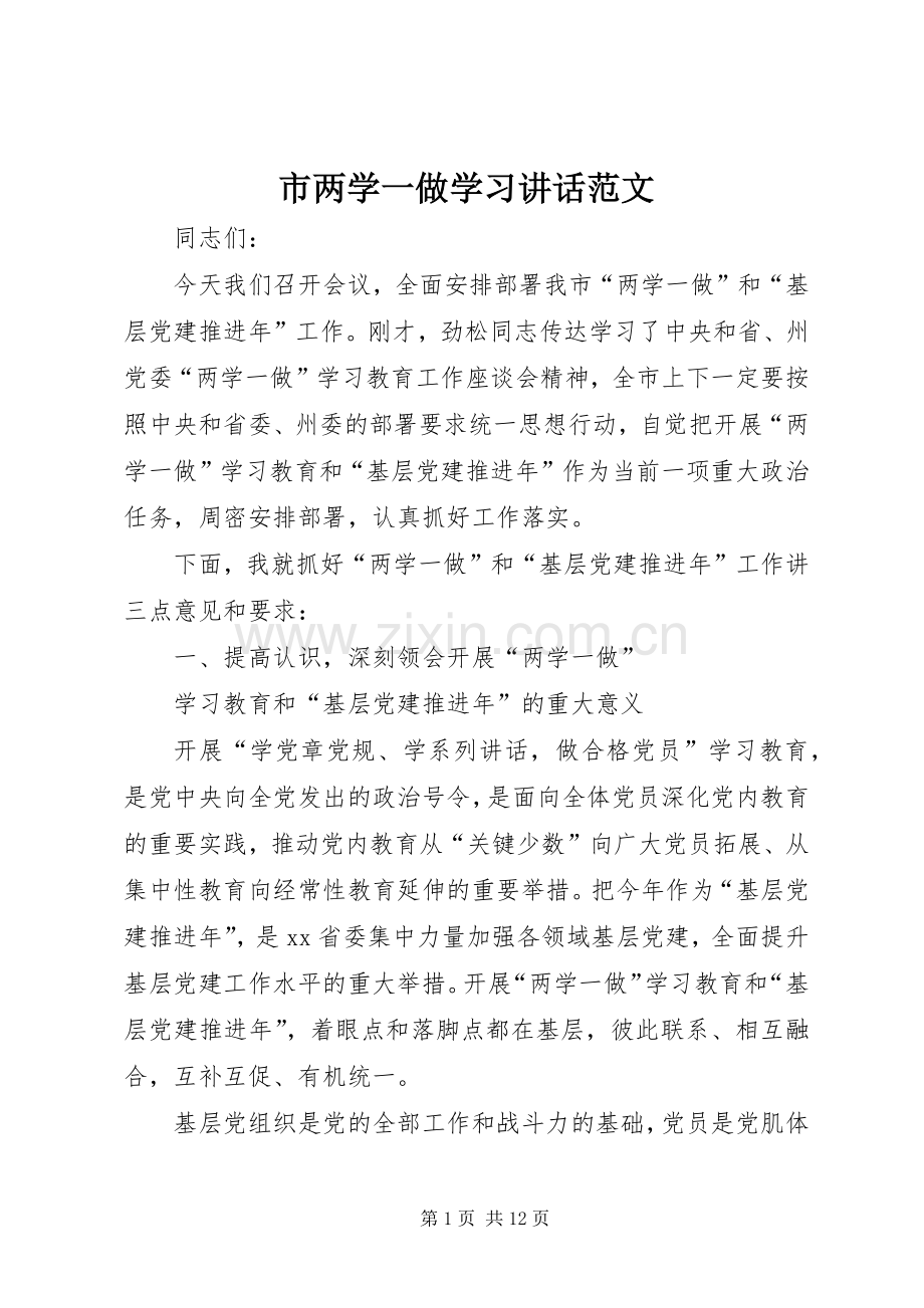 市两学一做学习讲话发言范文.docx_第1页