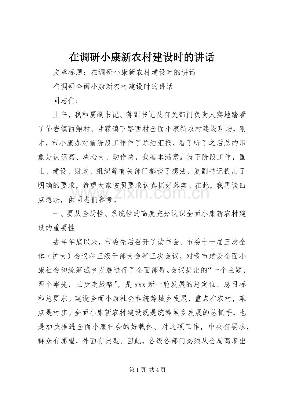 在调研小康新农村建设时的讲话发言.docx_第1页