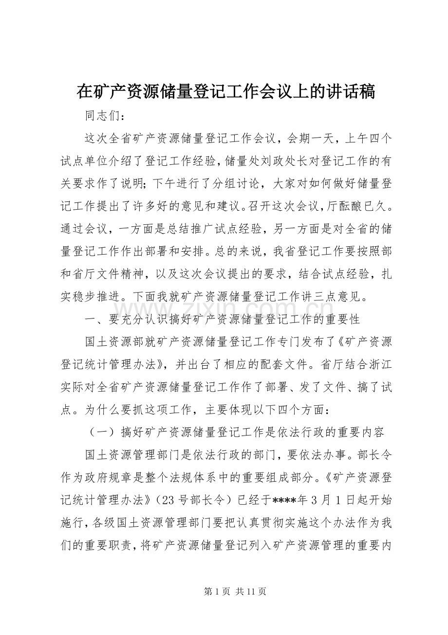 在矿产资源储量登记工作会议上的讲话发言稿.docx_第1页