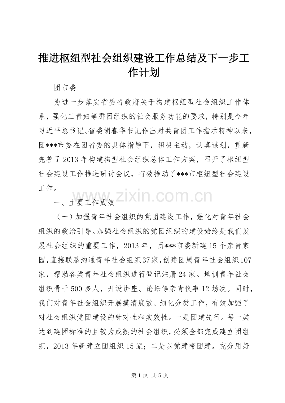 推进枢纽型社会组织建设工作总结及下一步工作计划.docx_第1页