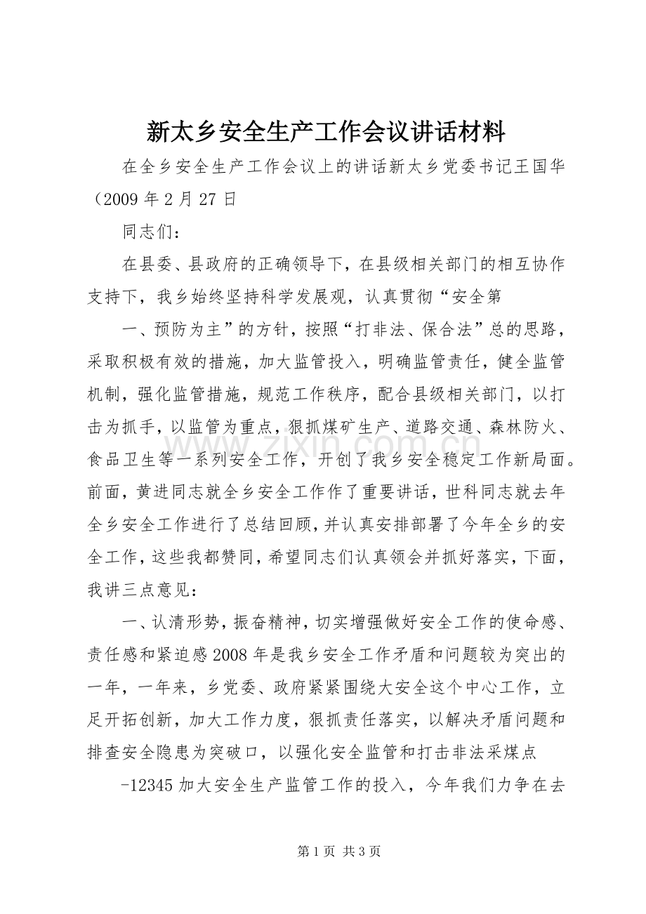 新太乡安全生产工作会议讲话发言材料.docx_第1页