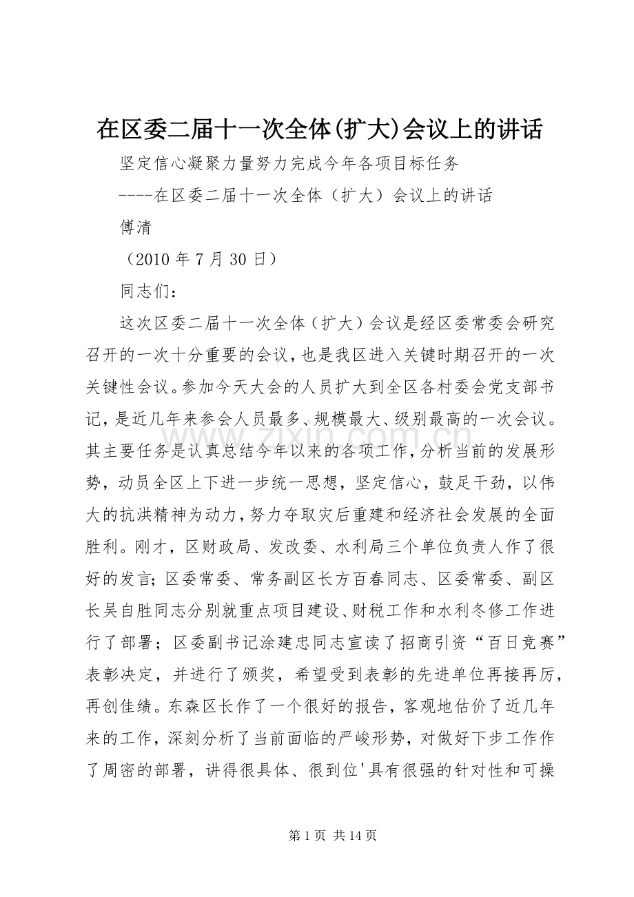 在区委二届十一次全体(扩大)会议上的讲话发言.docx_第1页