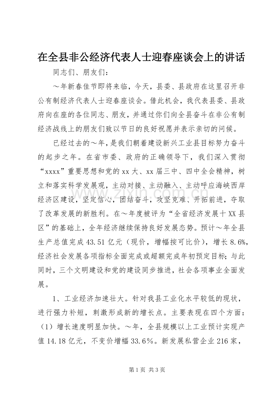 在全县非公经济代表人士迎春座谈会上的讲话发言.docx_第1页