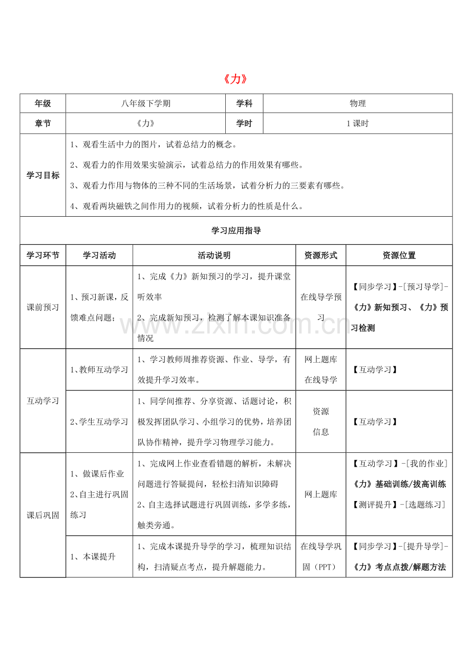 八年级物理下册 第七章 第1节《力》学生应用指导 （新版）新人教版.doc_第1页