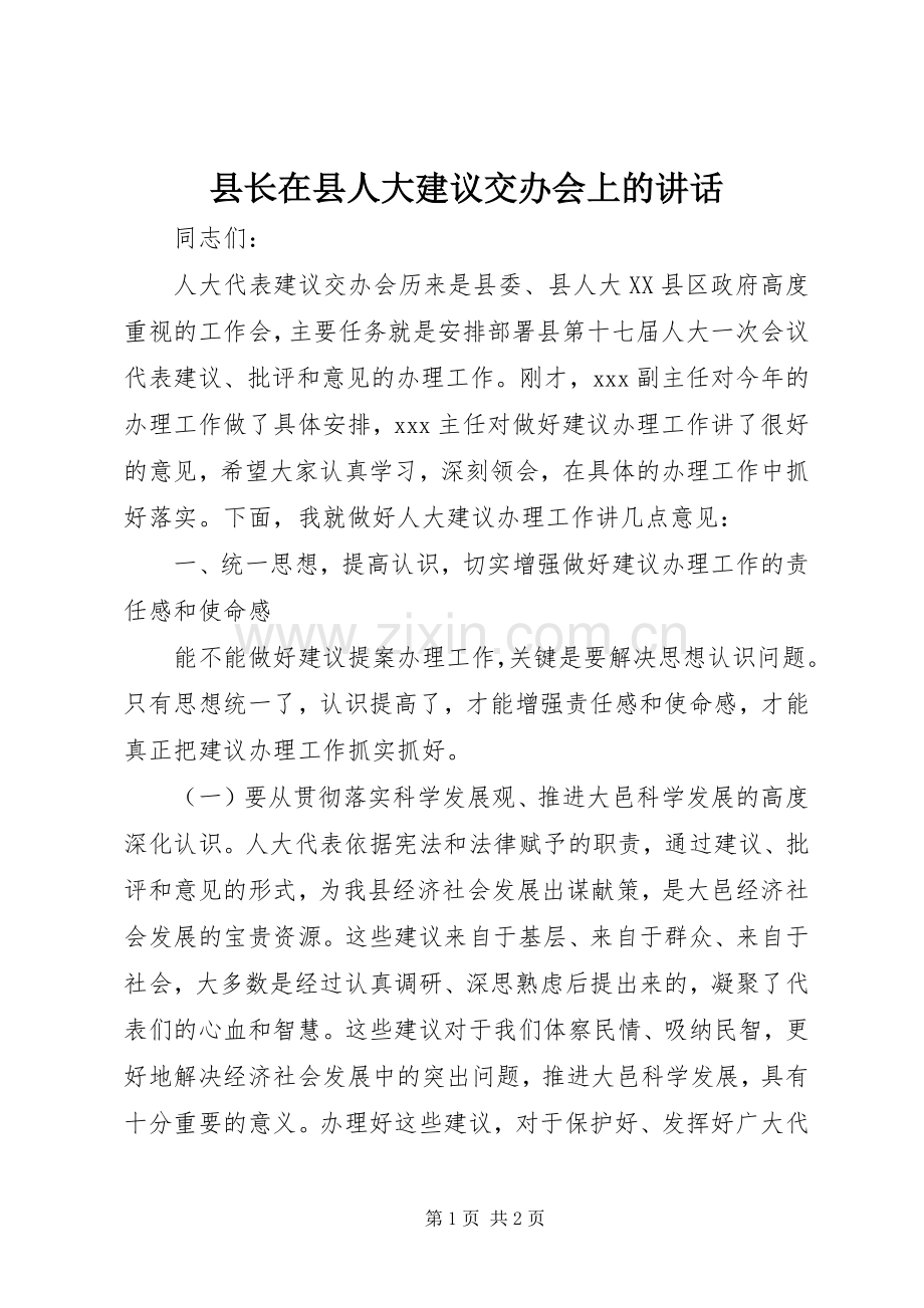 县长在县人大建议交办会上的讲话发言.docx_第1页