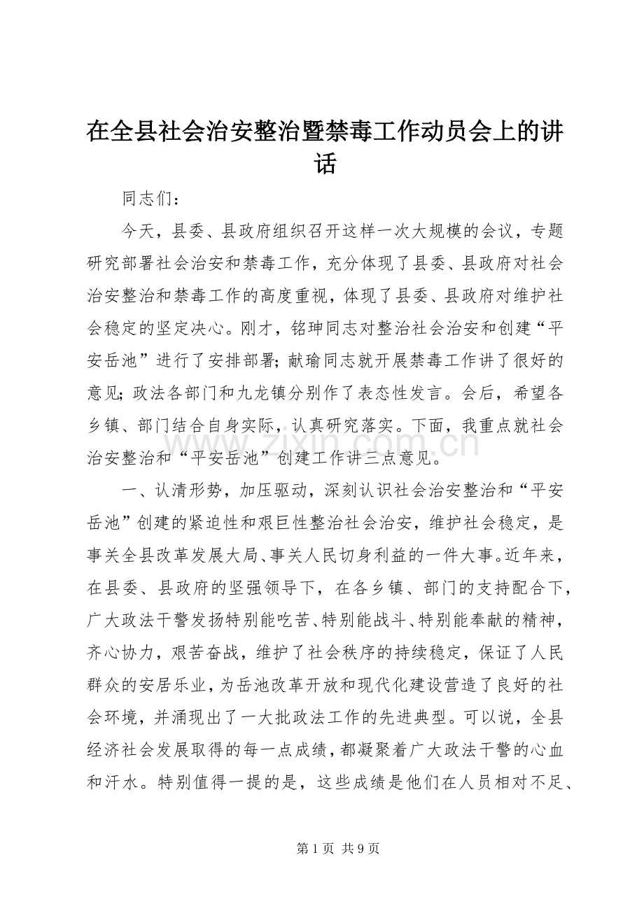 在全县社会治安整治暨禁毒工作动员会上的讲话发言.docx_第1页