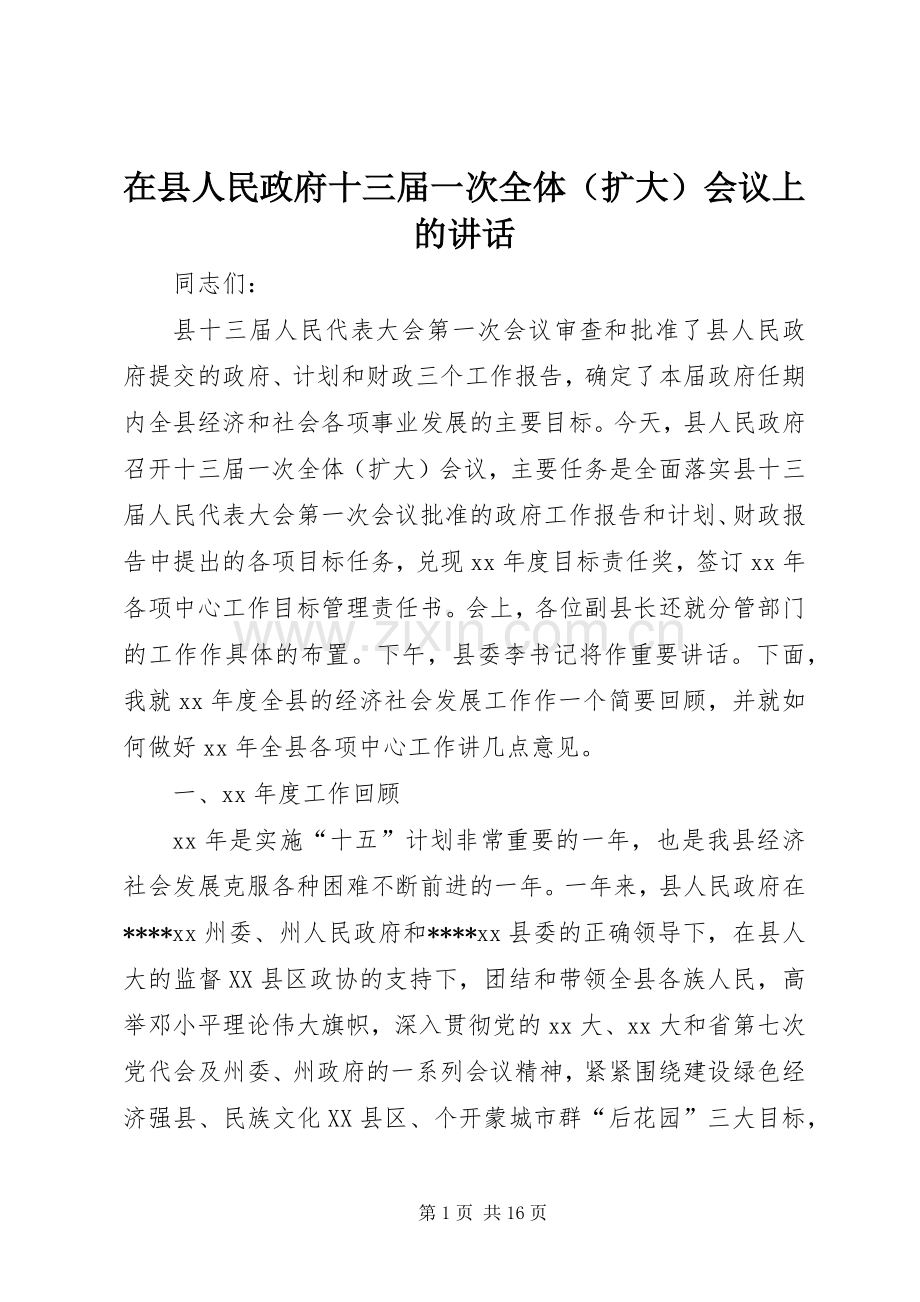 在县人民政府十三届一次全体（扩大）会议上的讲话发言.docx_第1页