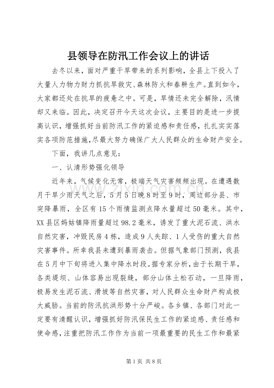 县领导在防汛工作会议上的讲话发言_1.docx_第1页
