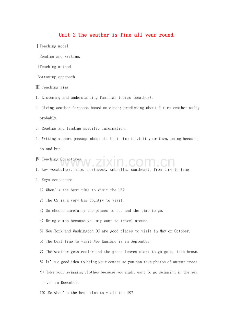 八年级英语上册 Module 10 The weather Unit 2 The weather is fine all year round教案 （新版）外研版-（新版）外研版初中八年级上册英语教案.doc_第1页
