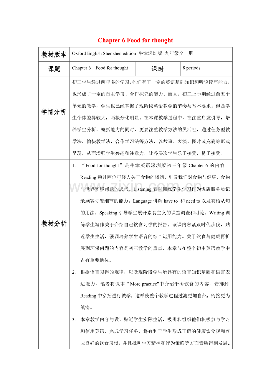 九年级英语：Chapter 6 Food for thought教案（深圳牛津版）.doc_第1页