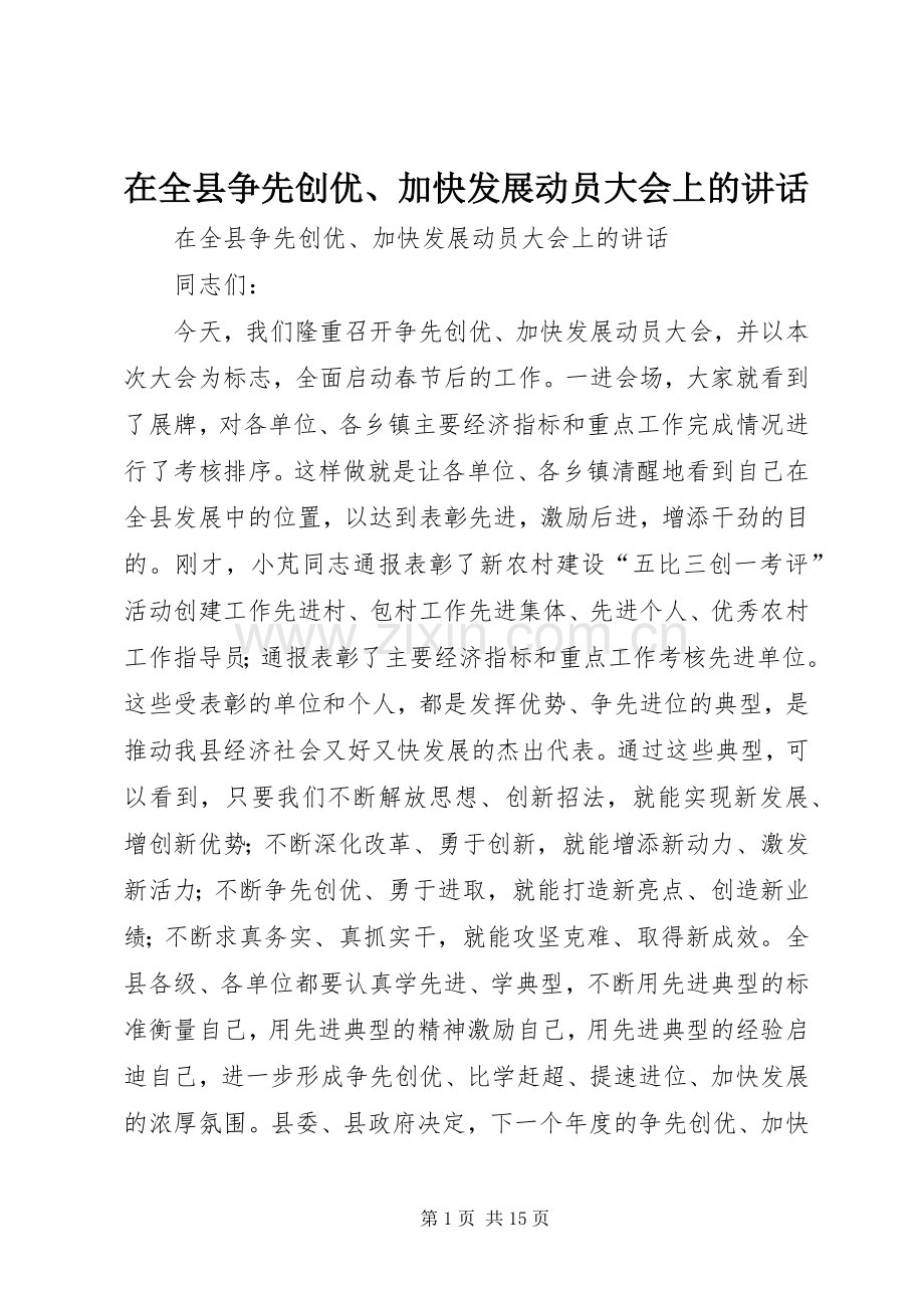 在全县争先创优、加快发展动员大会上的讲话发言.docx_第1页
