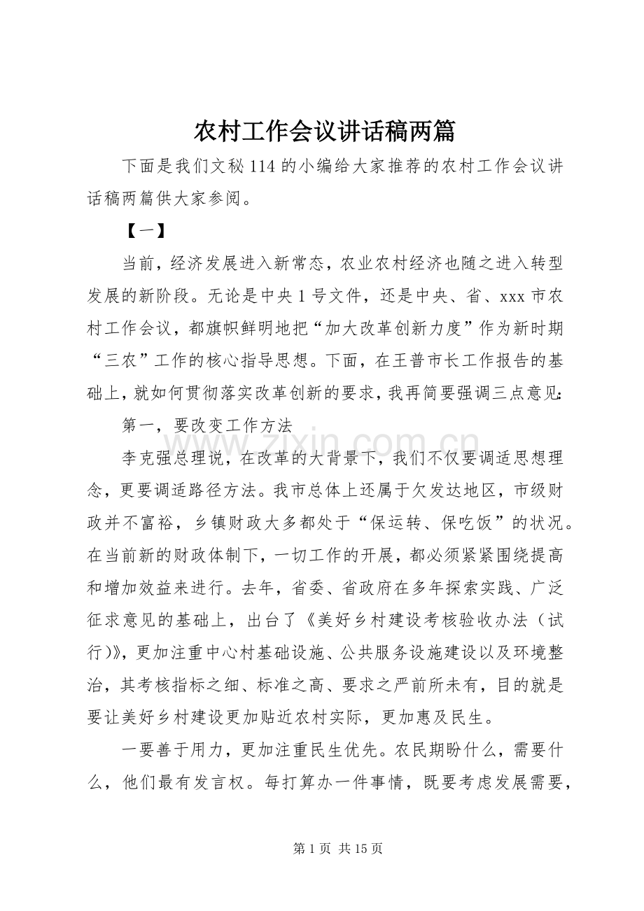 农村工作会议讲话发言稿两篇.docx_第1页