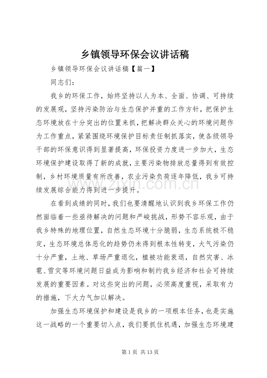 乡镇领导环保会议讲话发言稿.docx_第1页