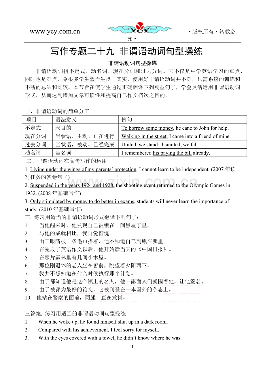写作专题二十九非谓语动词句型操练.docx_第1页
