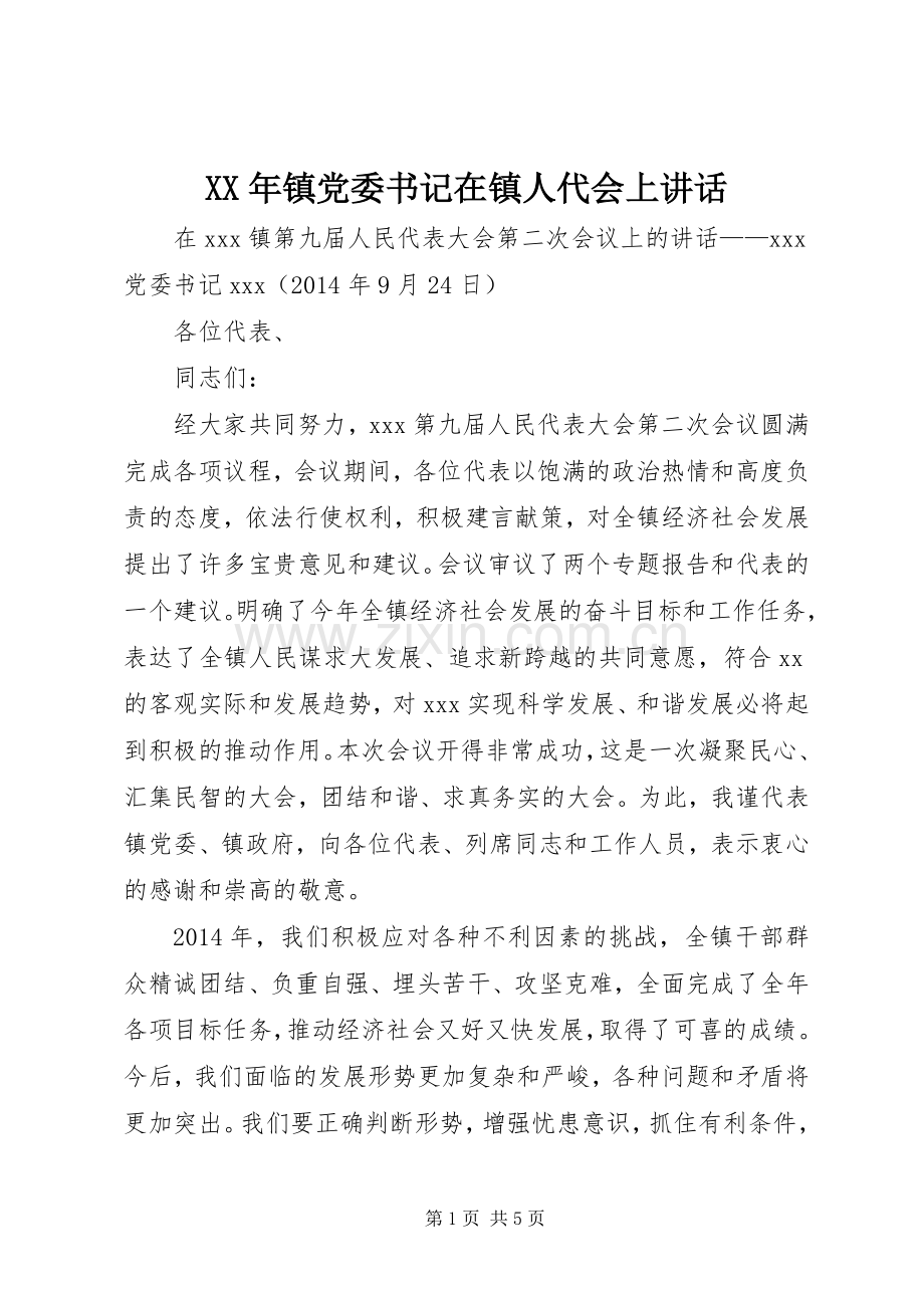 XX年镇党委书记在镇人代会上讲话发言.docx_第1页