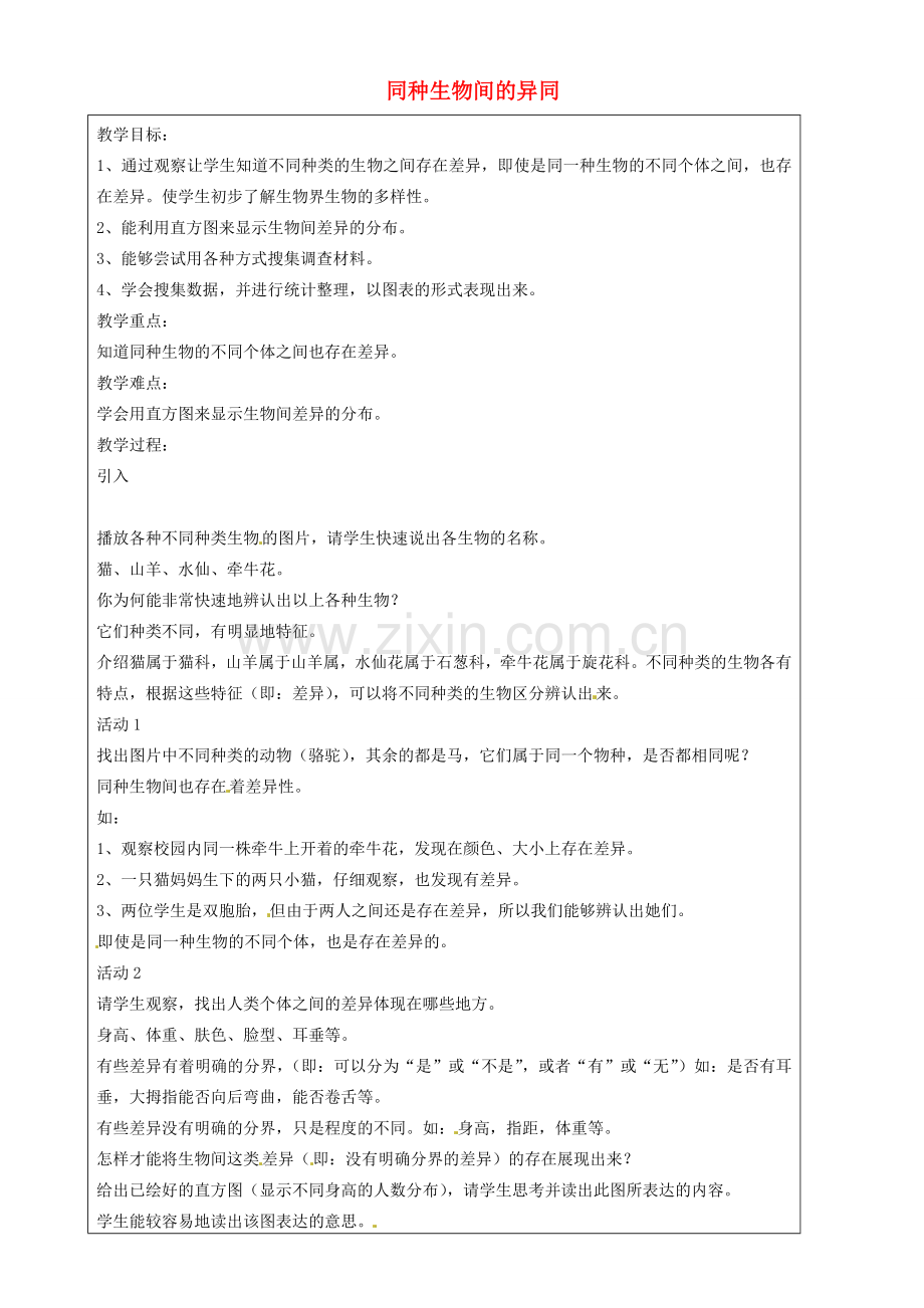 上海市罗泾中学七年级科学上册 同种生物间的异同教案 牛津上海版五四制.doc_第1页