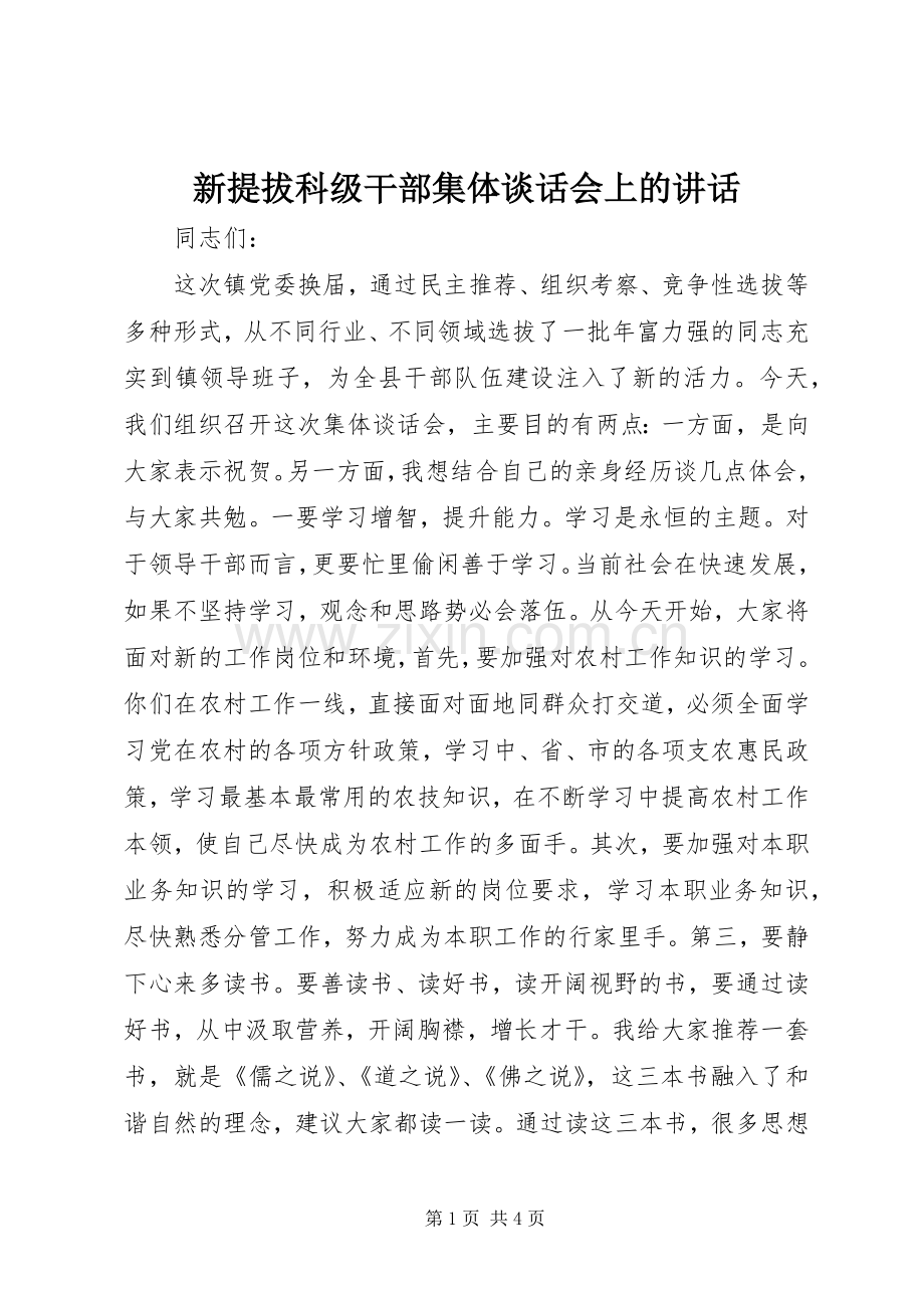 新提拔科级干部集体谈话会上的讲话发言_1.docx_第1页