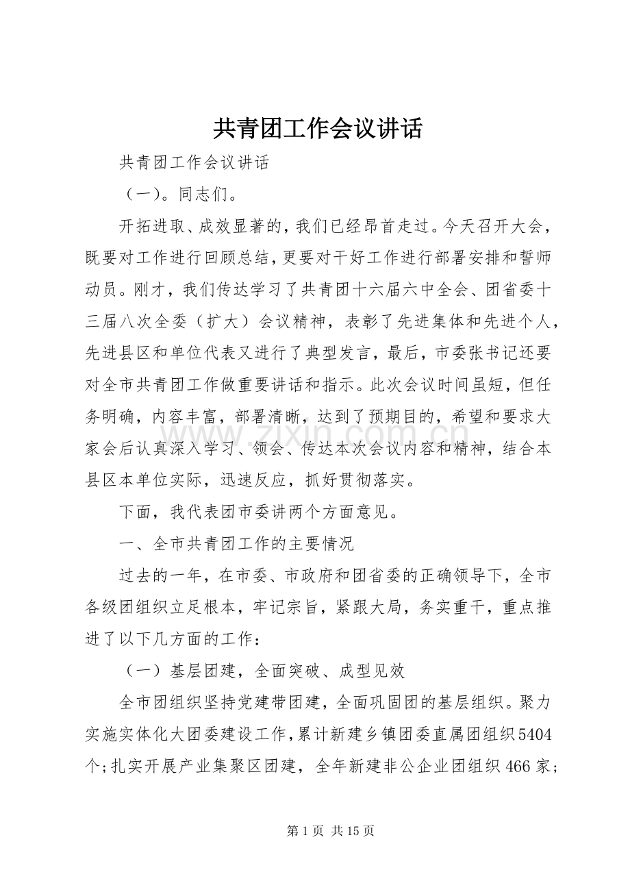 共青团工作会议讲话发言.docx_第1页