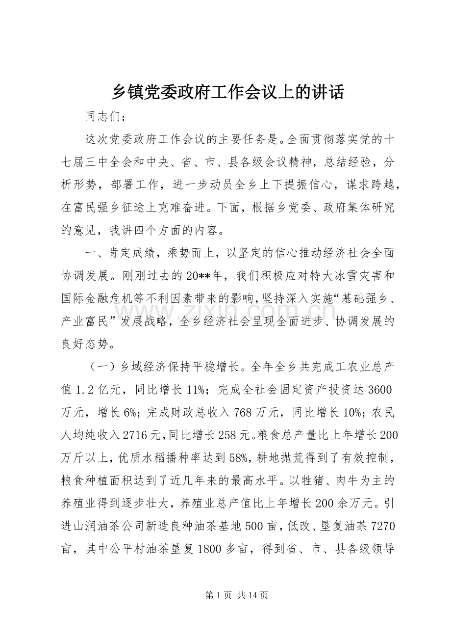 乡镇党委政府工作会议上的讲话发言.docx_第1页