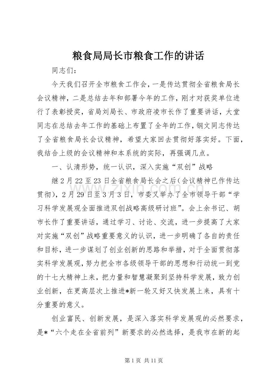 粮食局局长市粮食工作的讲话发言.docx_第1页