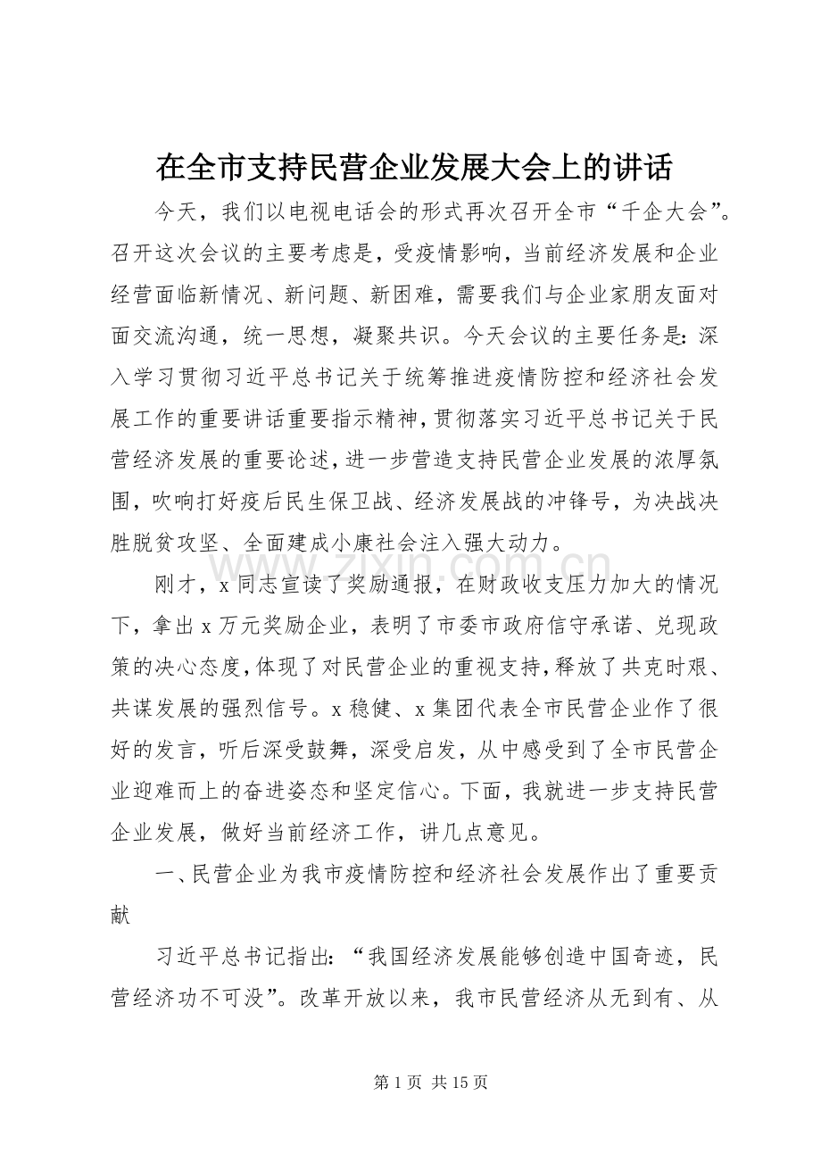 在全市支持民营企业发展大会上的讲话发言.docx_第1页